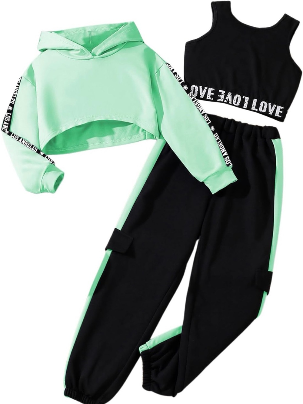 Hilinker Girls Graphic 3 Piece Outfits Workout Hoodie Crop Tank and Sweatpants